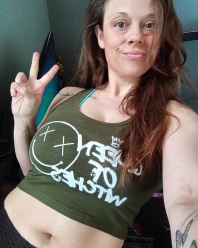 Customer photo review of Salty Savage Ladies "QUEEN OF WITCHES" Cropped Racerback Tank | Black/White