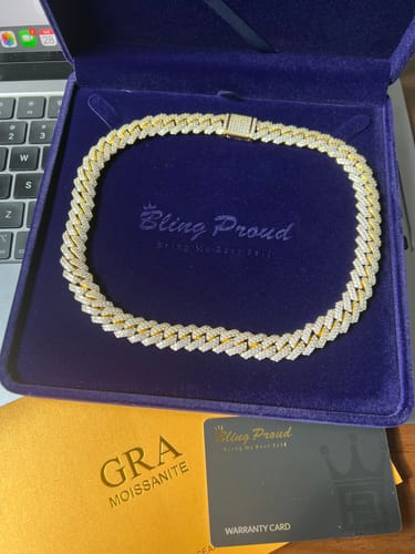 Customer photo review of S925 Moissanite Diamond Prong Cuban Link Chain in 14K Gold - 12mm