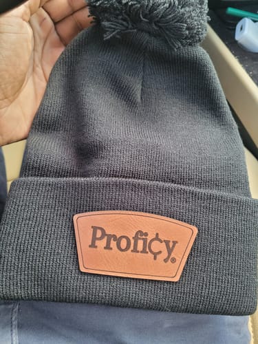Customer photo review of Custom Leather Patch Pom-Pom Knit Beanie