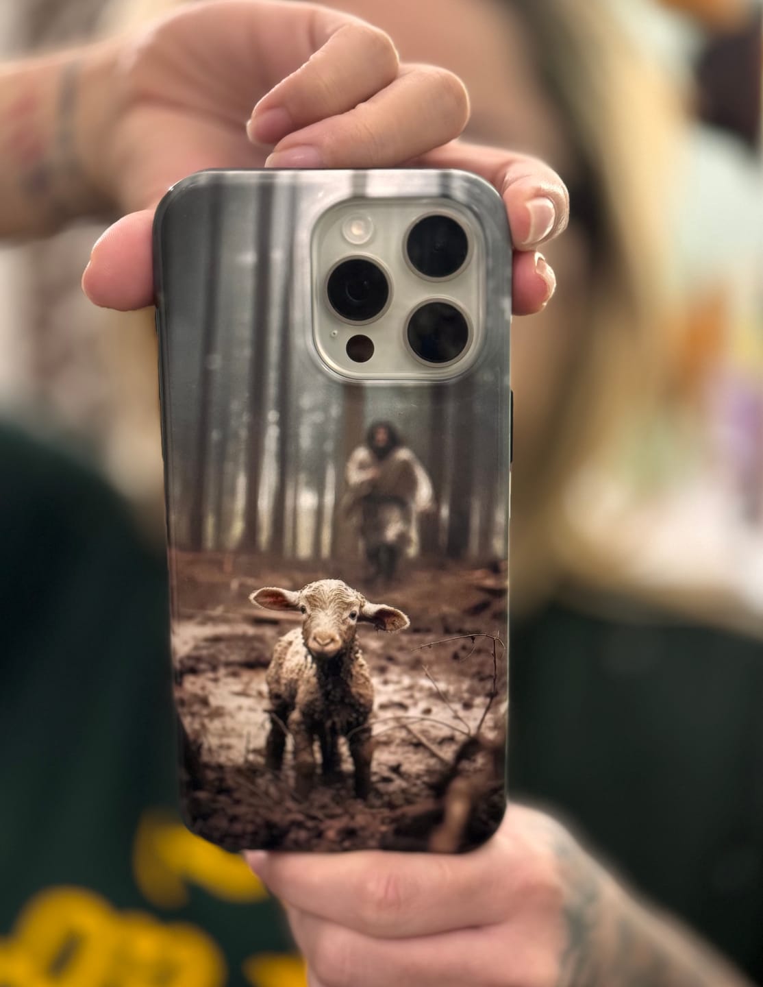 Customer photo review of Jesus With The Sheep, Jesus Running After Lamb, Phone Case