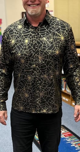 Customer photo review of Men's Gold Spider Web Print Halloween Party Button Long Sleeve Shirt