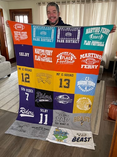 T-shirt quilt with sports, community events themes by Heather from OH