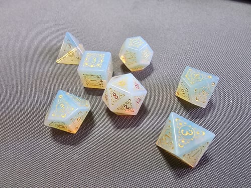 Customer photo review of Opalite Gemstone Astrology Motif DnD D&D Dice Set