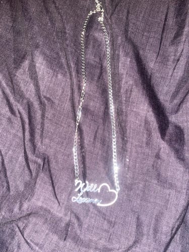 Customer photo review of Iced Out Heart Couple Nameplate Necklace