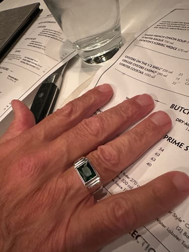 Customer photo review of Solid 14K Heavy White Gold Masculine Ring Green Emerald and 2 Diamonds Size 5-15
