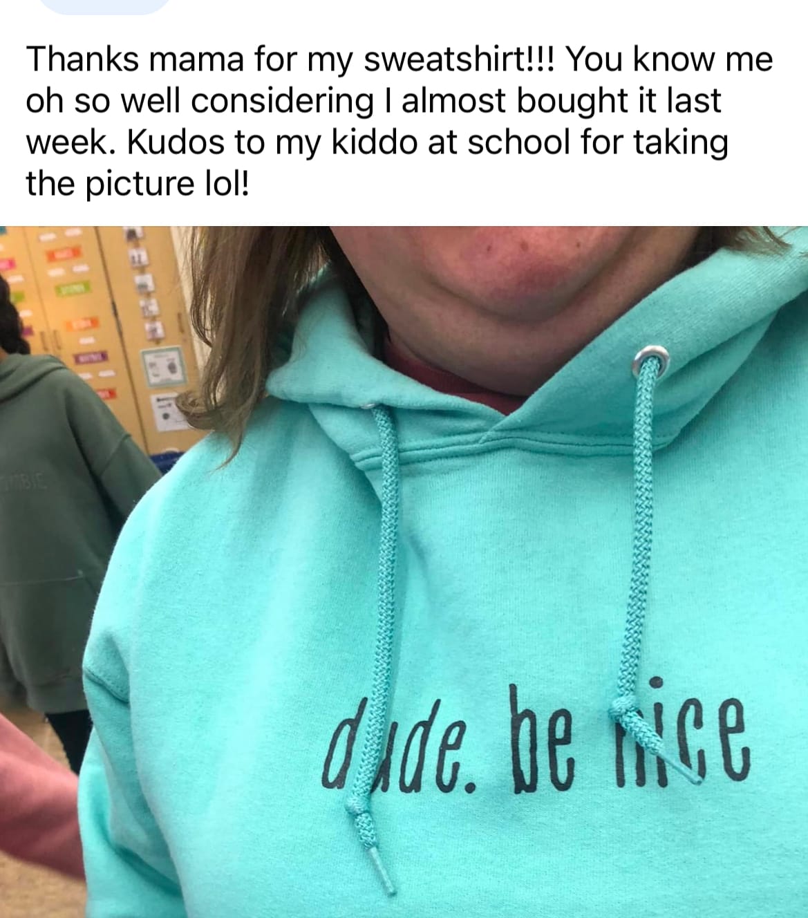 Customer photo review of dude. be nice Hoodie (Mint & Chip Collection)