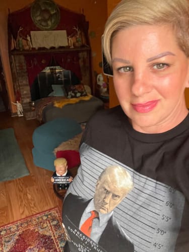 Customer photo review of Trump Mugshot Sign T-Shirt