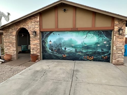 Customer photo review of Lanterns In Graveyard In The Spooky Night Halloween Garage Door Cover Banner Backdrop