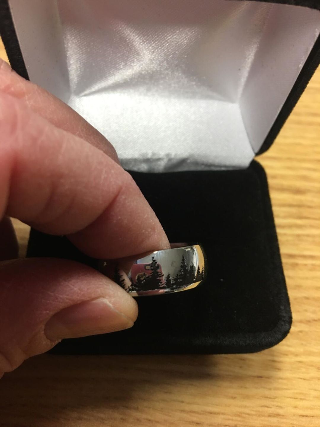 Customer photo review of Forest Wedding Ring with Trees - Cobalt 8mm