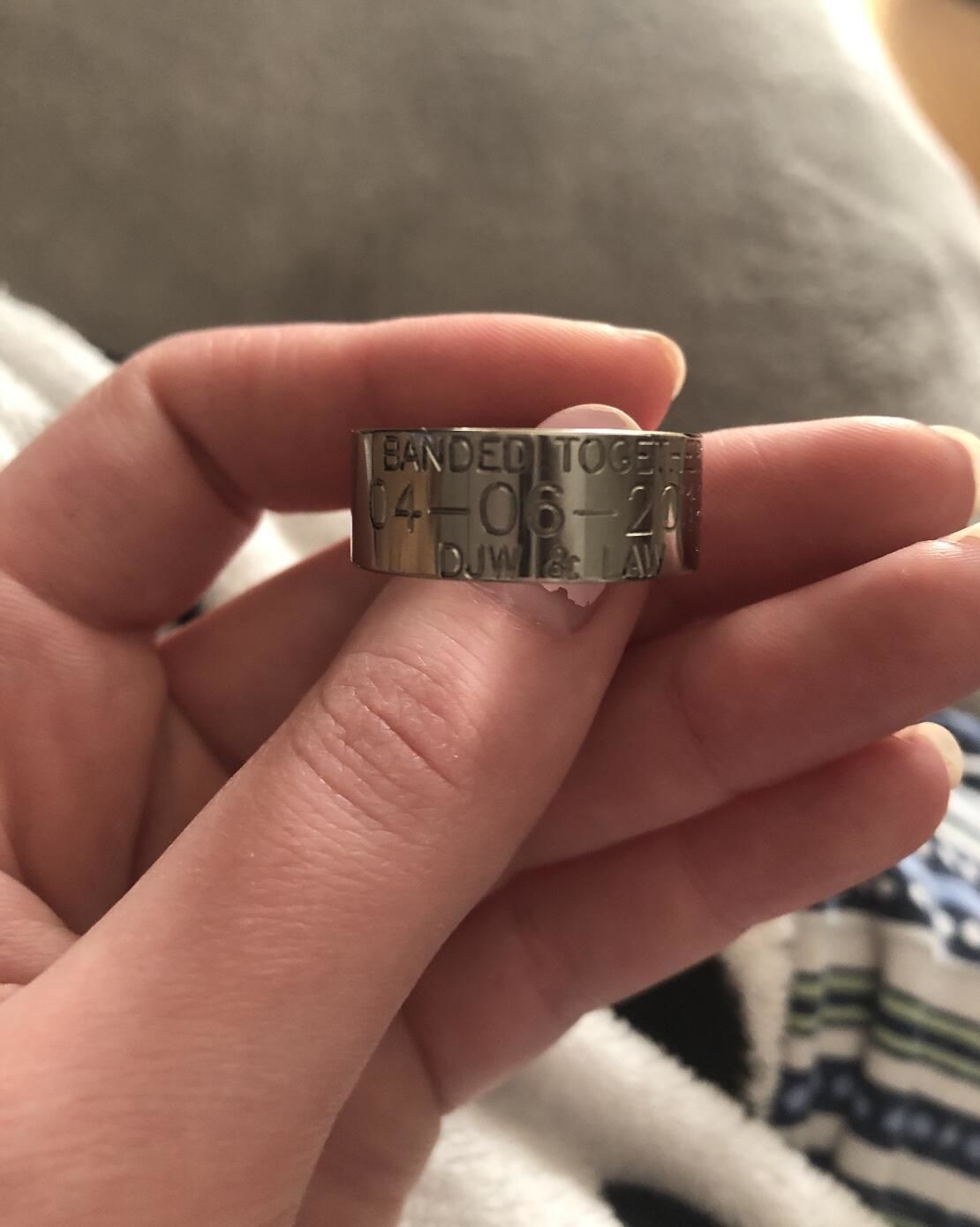 Customer photo review of Duck Band Wedding Ring - 10mm Titanium