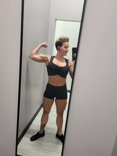 Customer photo review of Salty Savage Ladies Mid Rise Booty Scrunch Training Shorts | Wet Suit Performance | Black