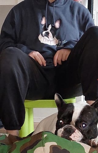 Customer photo review of 100% Organic unisex Dog Art Hoodie in vielen Farben »Französische Bulldogge«