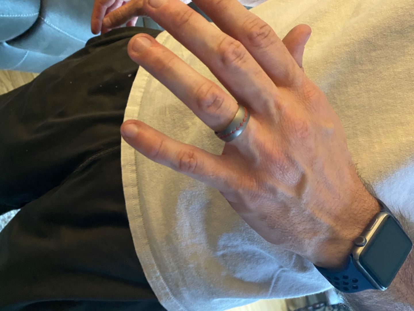 Customer photo review of Mens Baseball Ring in a Brush Finish and Red Seams