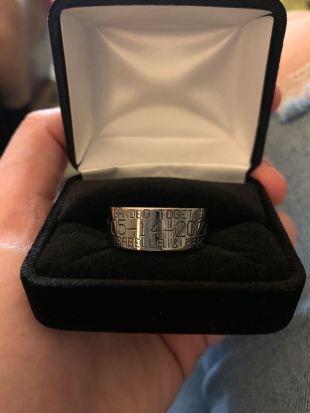 Customer photo review of Duck Band Wedding Ring with Laser Carved Ducks