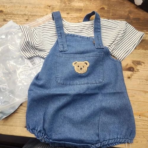 Customer photo review of Teddy Bear Denim Jumpsuit with Striped Top Set