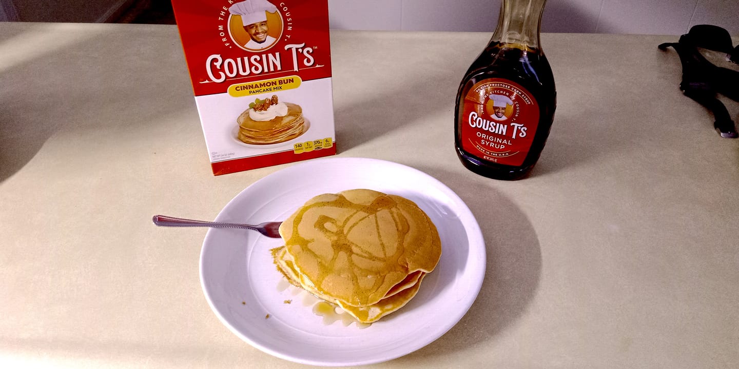 Customer photo review of Cousin T's Cinnamon Bun Gourmet Pancake Mix (2 Pack)