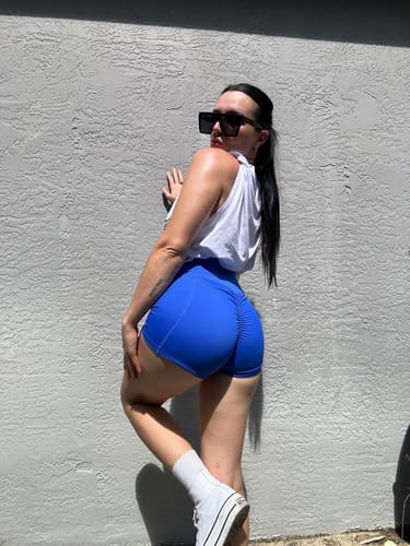 Customer photo review of Salty Savage Ladies Splice Smile High Rise Booty Scrunch Training Shorts | Wet Suit Performance | Royal Blue