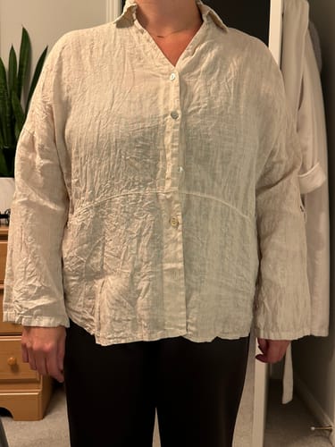 Customer photo review of Meo Linen Rome Button Down Shirt (Light Beige)