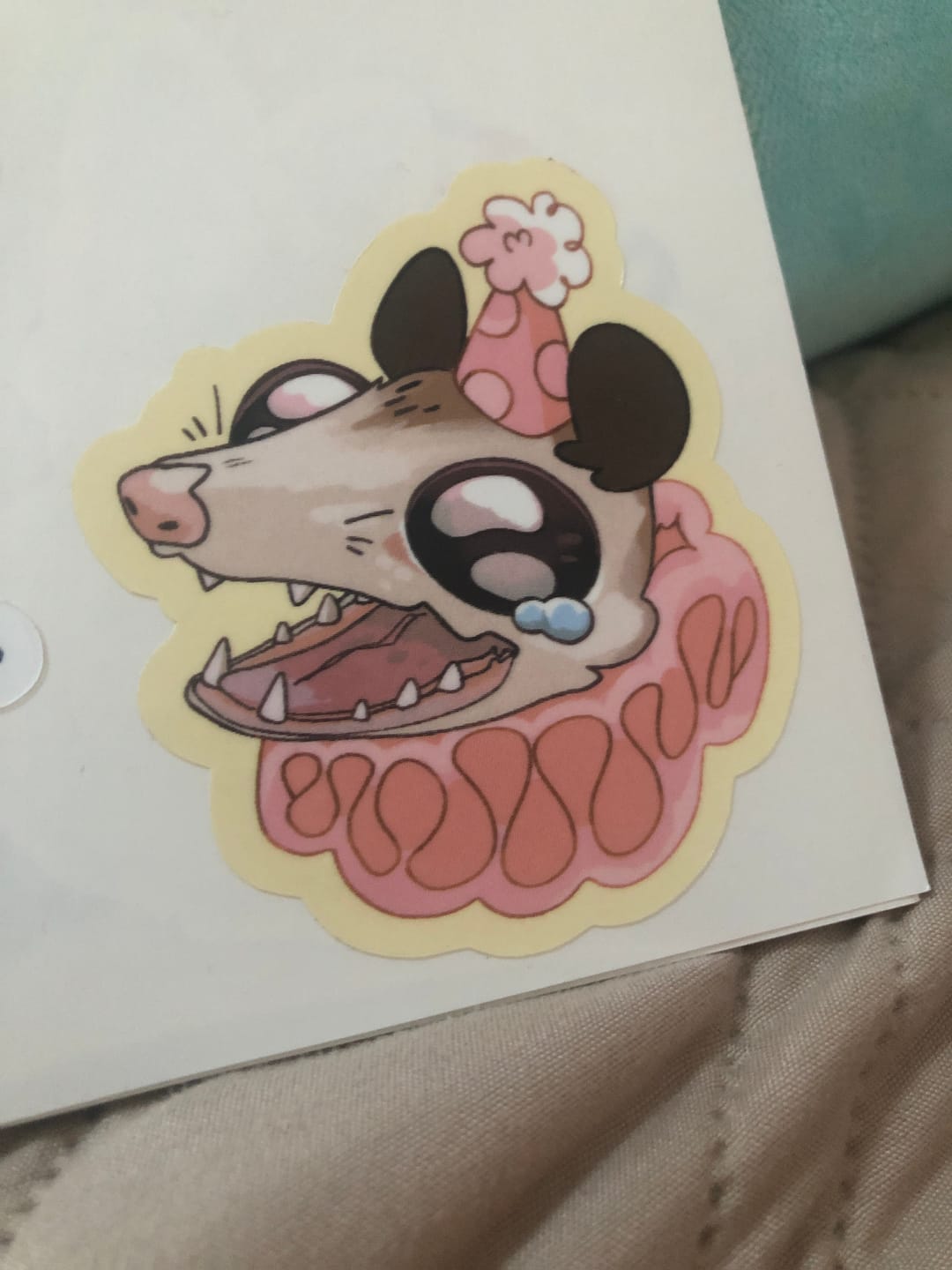 Customer photo review of Sad Party Opossum Stickers!
