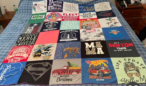 T-shirt quilt with superheroes, christmas themes by Robin from KY