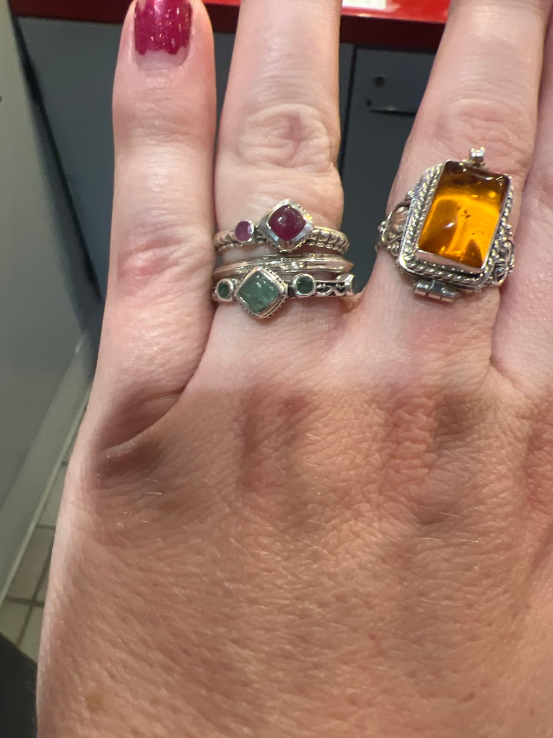 Customer photo review of Ruby and Emerald Stackable Ring Set