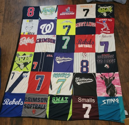 T-shirt quilt featuring softball, mustangs by Jane from UT