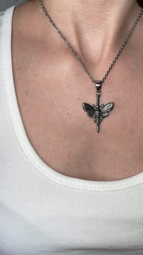 Customer photo review of Death's Head Moth Pendant Necklace
