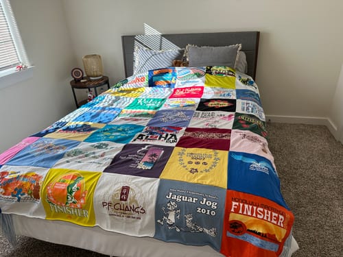 T-shirt quilt with running, fitness themes by Deborah from OR
