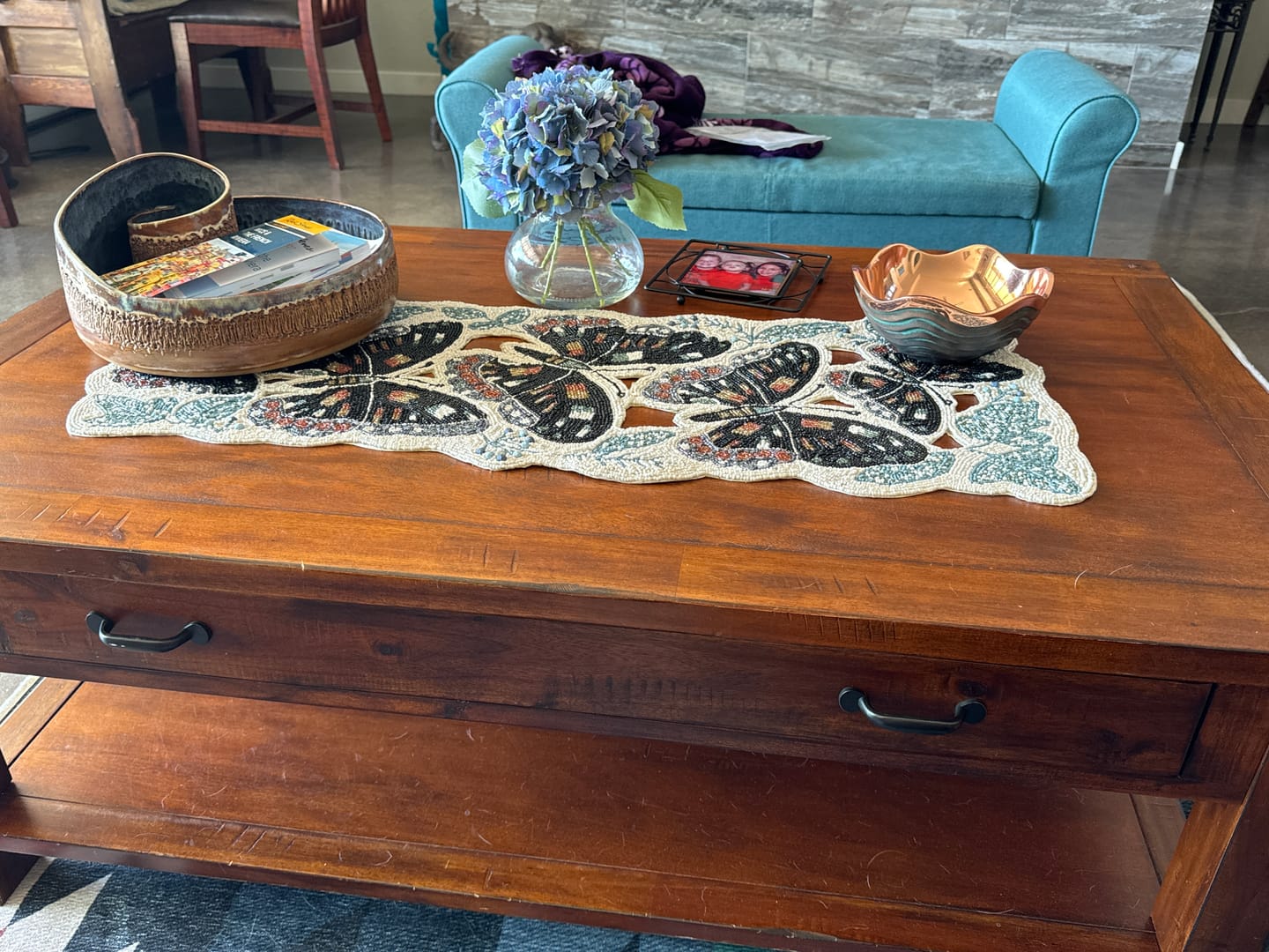 Customer photo review of Butterflies Glass Bead Embroidered Table Runner in Multi
