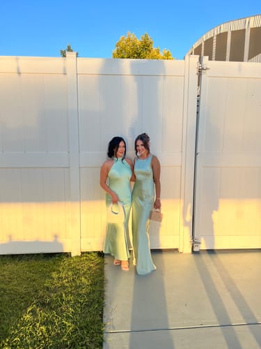 Customer photo review of Cowl Back Satin Bridesmaid Dress - Sage
