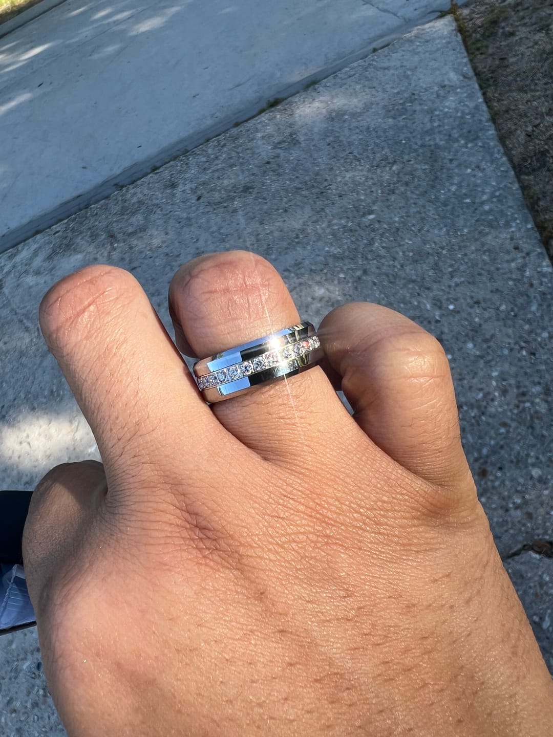 Customer photo review of 8mm - Tungsten Carbide Wedding Band Fully Stacked Cubic Zircon Beveled Edge Comfort Fit