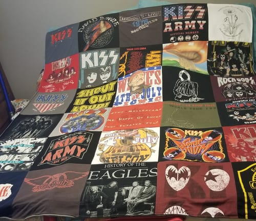 T-shirt quilt with music, rock music themes by Joyce from TX