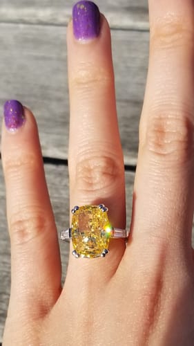 Customer photo review of 3-Stone Canary Yellow Cushion CZ Ring in Sterling Silver 9ct