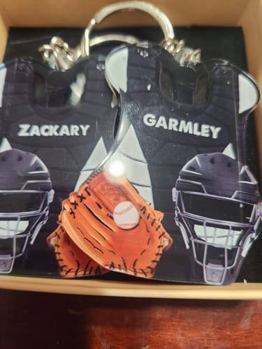 Customer photo review of Baseball Catcher Chest Protector and Helmet Acrylic Keychain
