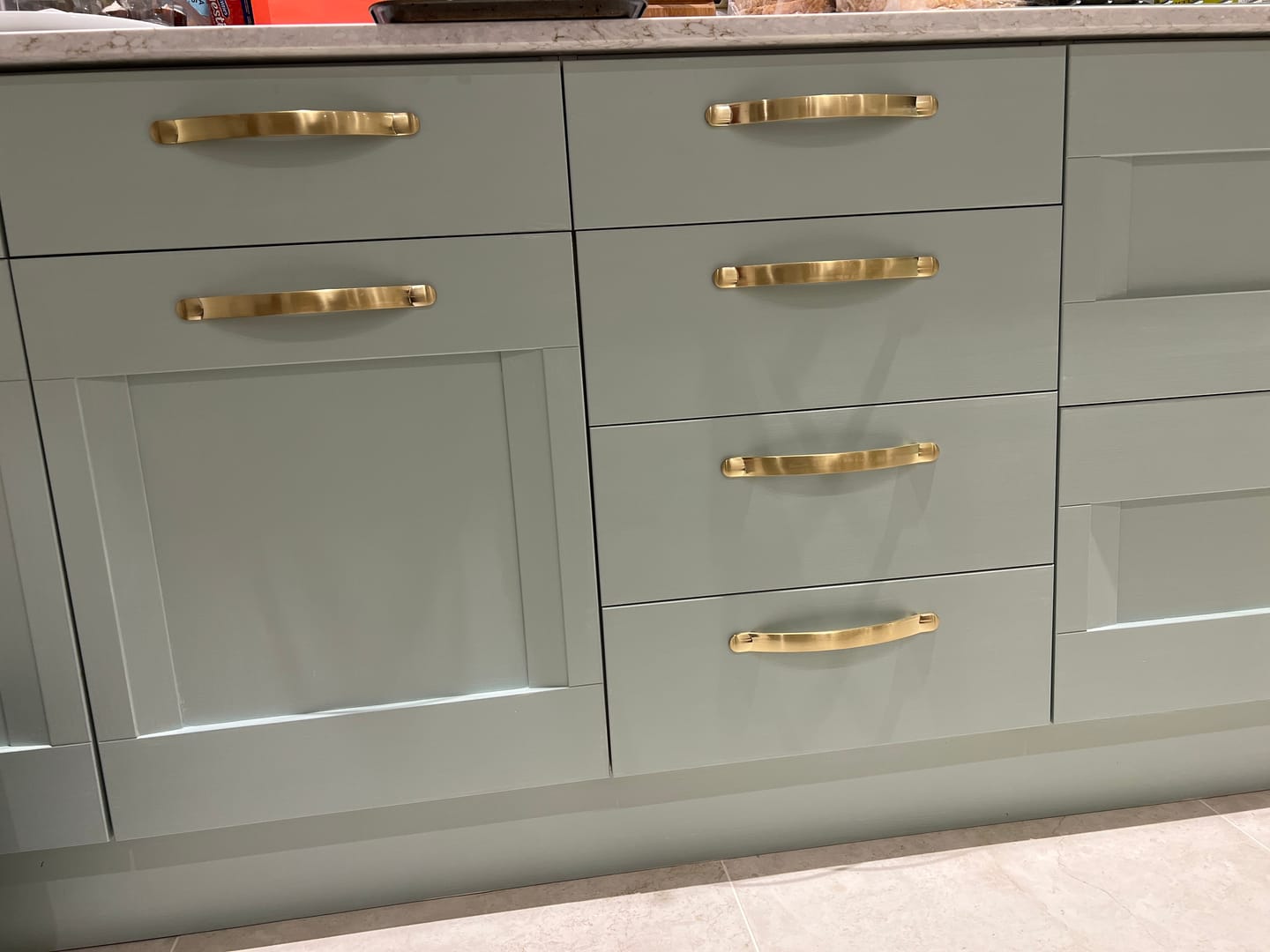 Customer photo review of Monmouth Brushed Satin Brass Cupboard Handles