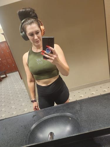 Customer photo review of Salty Savage Ladies "Fuck Off" High Neck Cropped Racerback Tank | Micro | Olive/Black