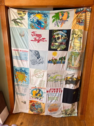 T-shirt quilt with music, beaches themes by Jim from MO