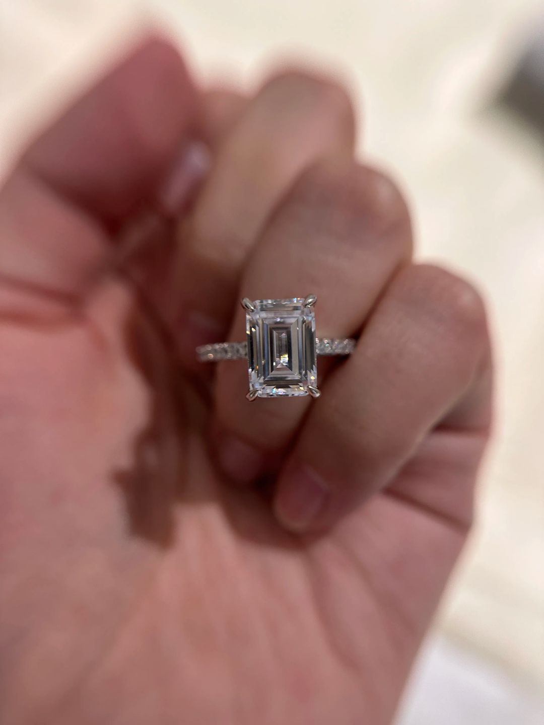 Customer photo review of Louily Classic Emerald Cut Engagement Ring In Sterling Silver