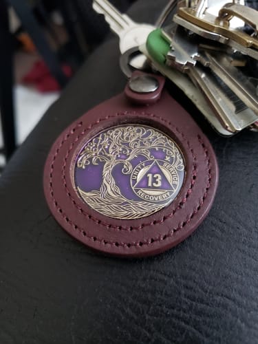Customer photo review of 1 to 50 Year Sobriety Mint Twisted Tree of Life Gold Plated AA Recovery Medallion/Chip/Coin - Purple