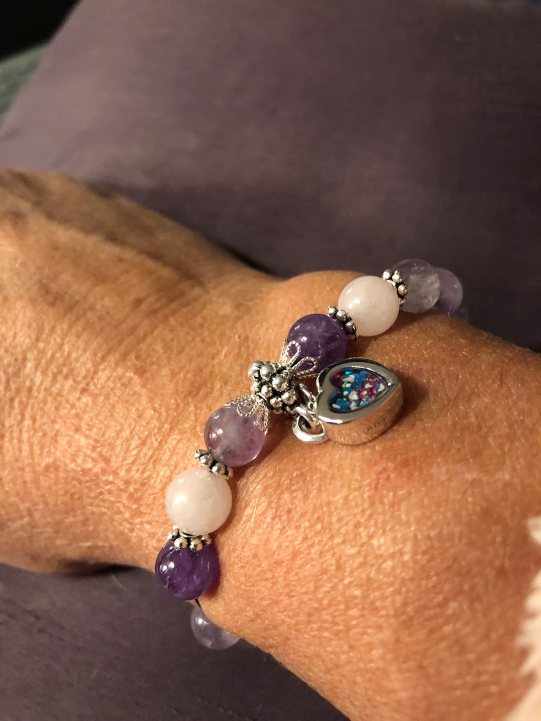 Customer photo review of Amethyst and Rose Quartz Healing Bracelet with Cremation Ashes
