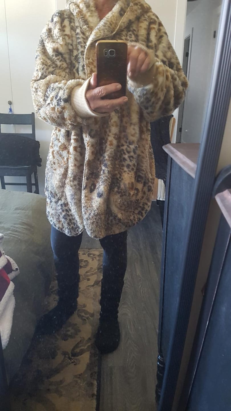Customer photo review of Teddy Bear Plush Cardigan (Brown/Grey Leopard)