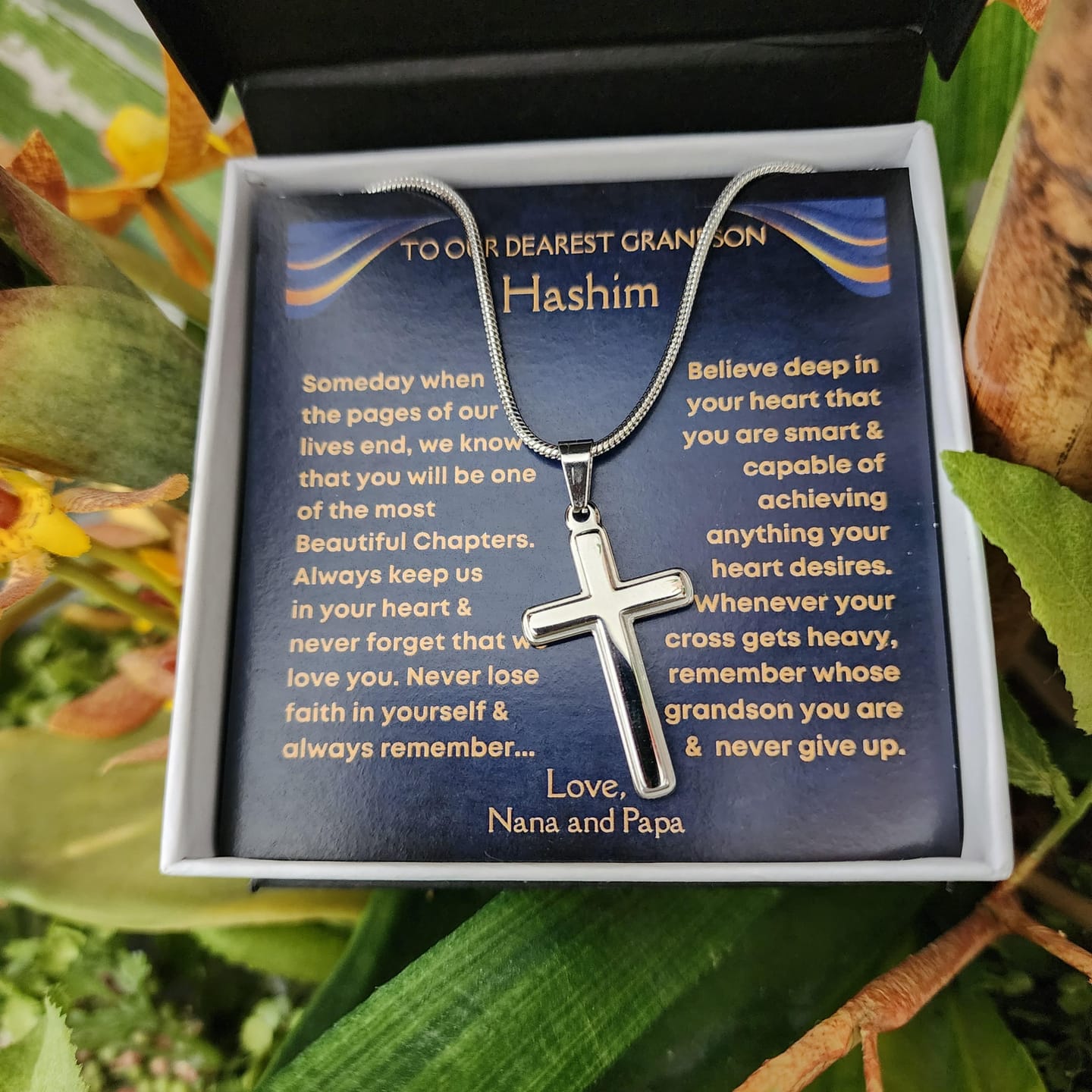 Customer photo review of Grandson, Never Lose Faith - Cross Necklace W/ Personalized Message Card (GS34-P)