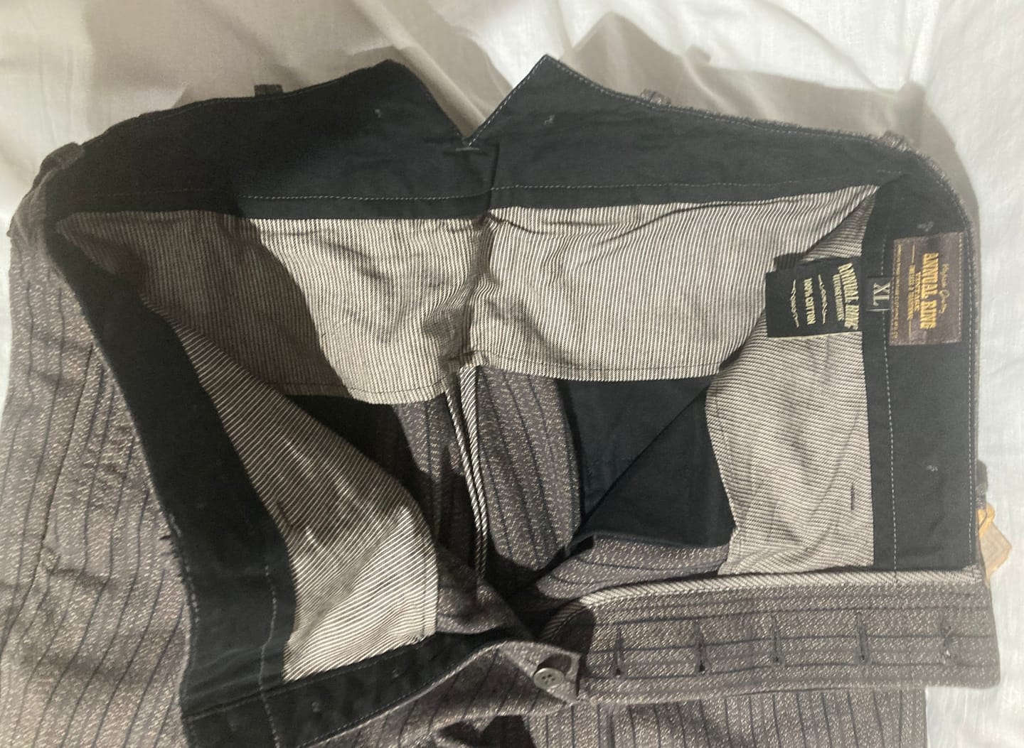 Customer photo review of French Salt & Pepper Striped Chambray Work Trousers