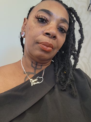 Customer photo review of Iced Out Heart Couple Nameplate Necklace