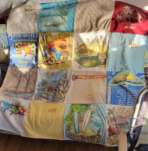 T-shirt quilt with beach culture, tropical lifestyle themes by Jill from MA