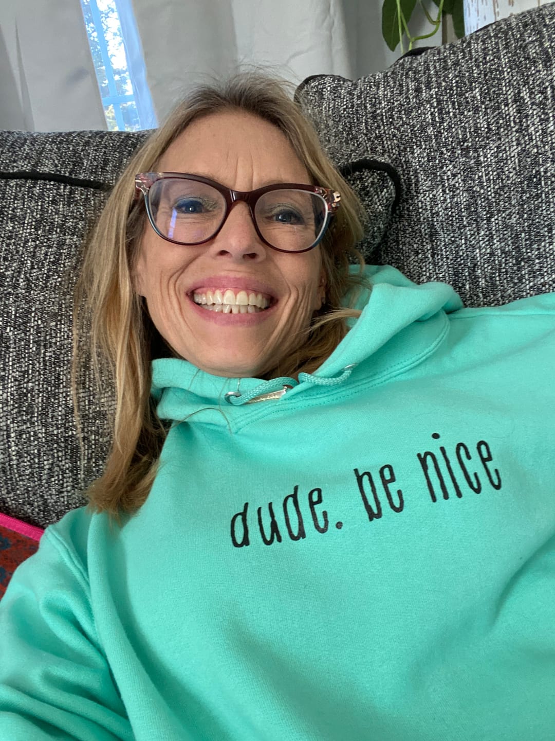 Customer photo review of dude. be nice Hoodie (Mint & Chip Collection)