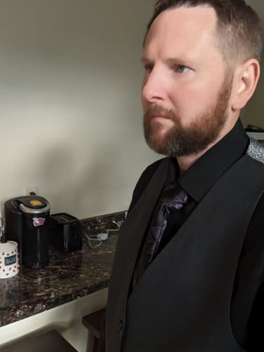 Customer photo review of Men's Purple Black Floral Silk Tie Waistcoat Vest Hanky Cufflinks Set