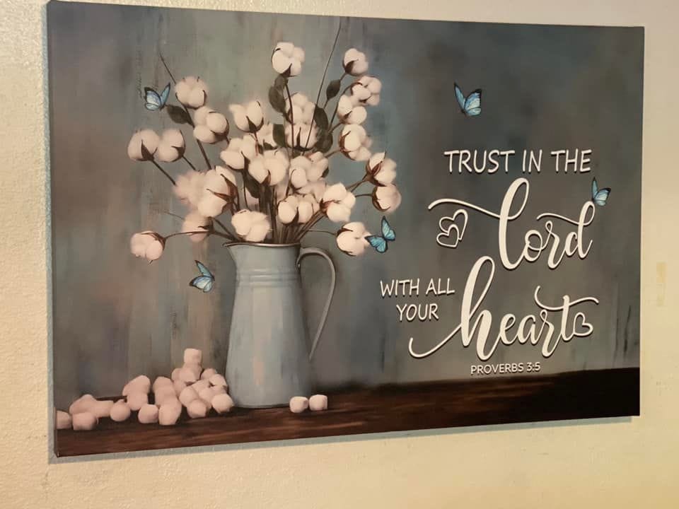 Customer photo review of Trust in the Lord With All Your Heart, Cotton Flowers in Vase, Wall Art Canvas
