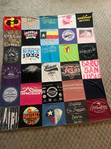 T-shirt quilt with travel, beaches themes by Denise  from TX