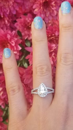 Customer photo review of Halo Pear CZ Split Shank Ring in Sterling Silver